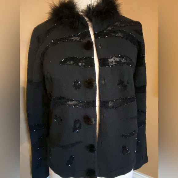 Berek Vintage Sequin Cardi Faux Fur Collar Mesh Inset Black Sweater M Glam Goth - Picture 9 of 12